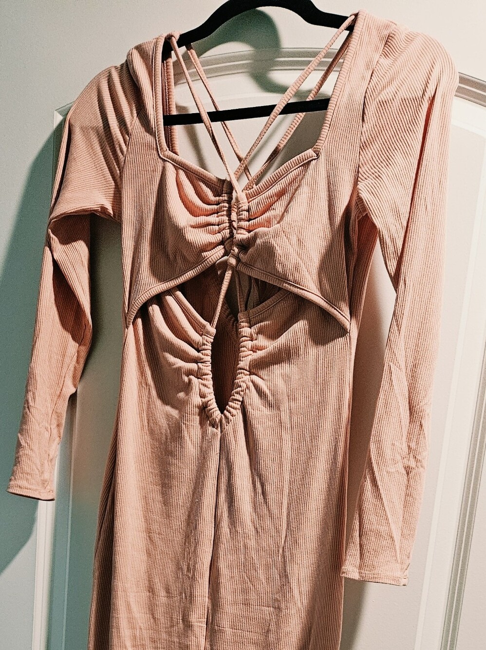 JLUXLABEL Blush Pink Ribbed Midi Dress with Cutout & Strappy Back